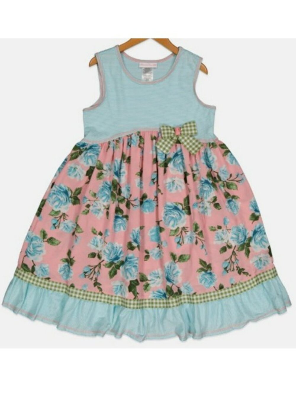 NWT. BONNIE BABY Girls Sleeveless Blue/Pink Dress with Bow